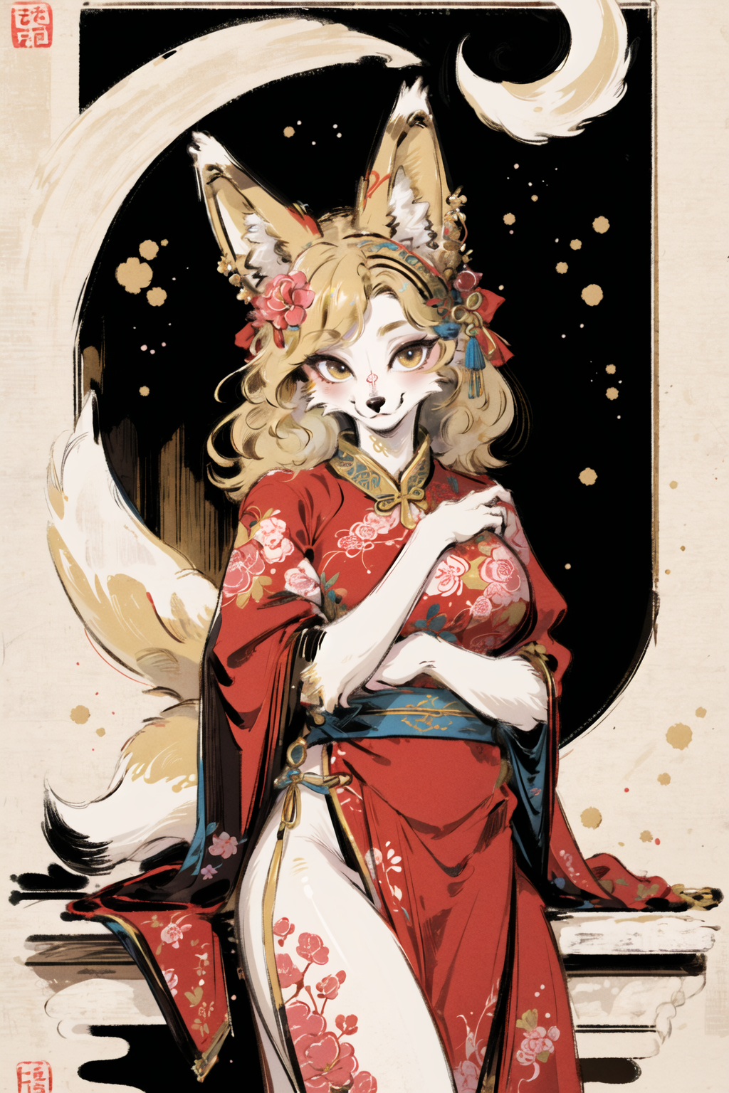 00865-4113454756-masterpiece,highres,furry fox girl,solo,blonde,chinese dress, hair ornament, anicent china_looking at viewer, _.png